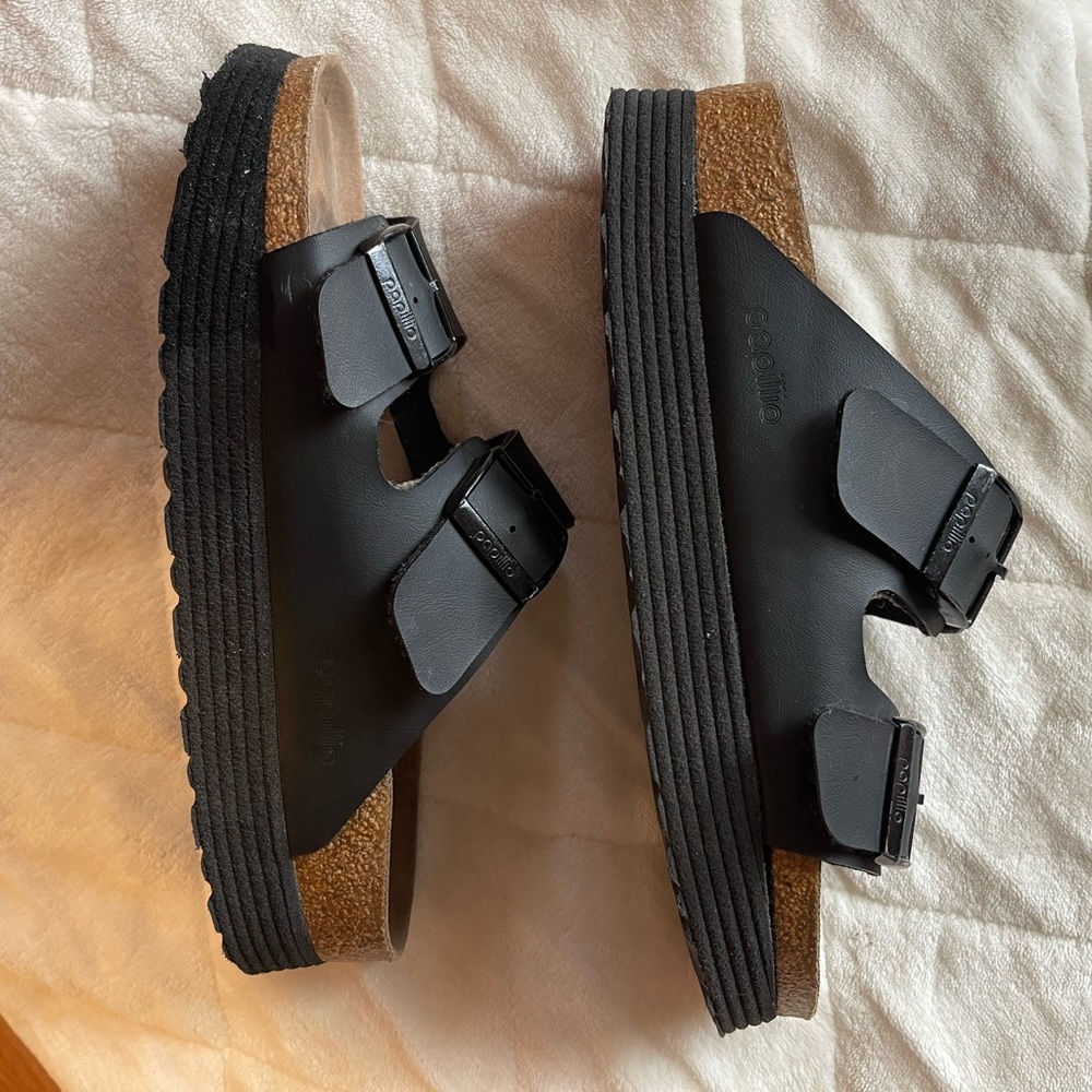 Birkenstock Papillio Arizona Flex Platform Birko-Flor Black Sandals 9 W